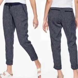 Athleta Bali 100% linen navy blue striped pulll on drawstring pants, size 10